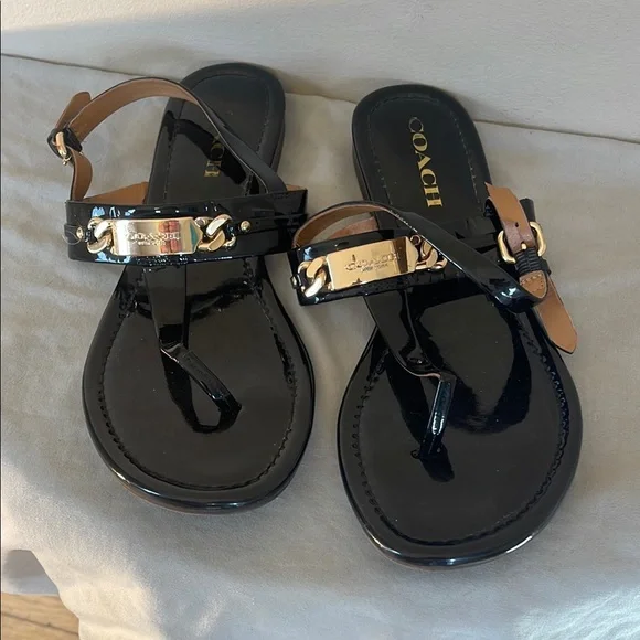 Coach Caterine Black Tan Women's Sandals 8.5 Shoes A7799 Designer Leather - Picture 1 of 6